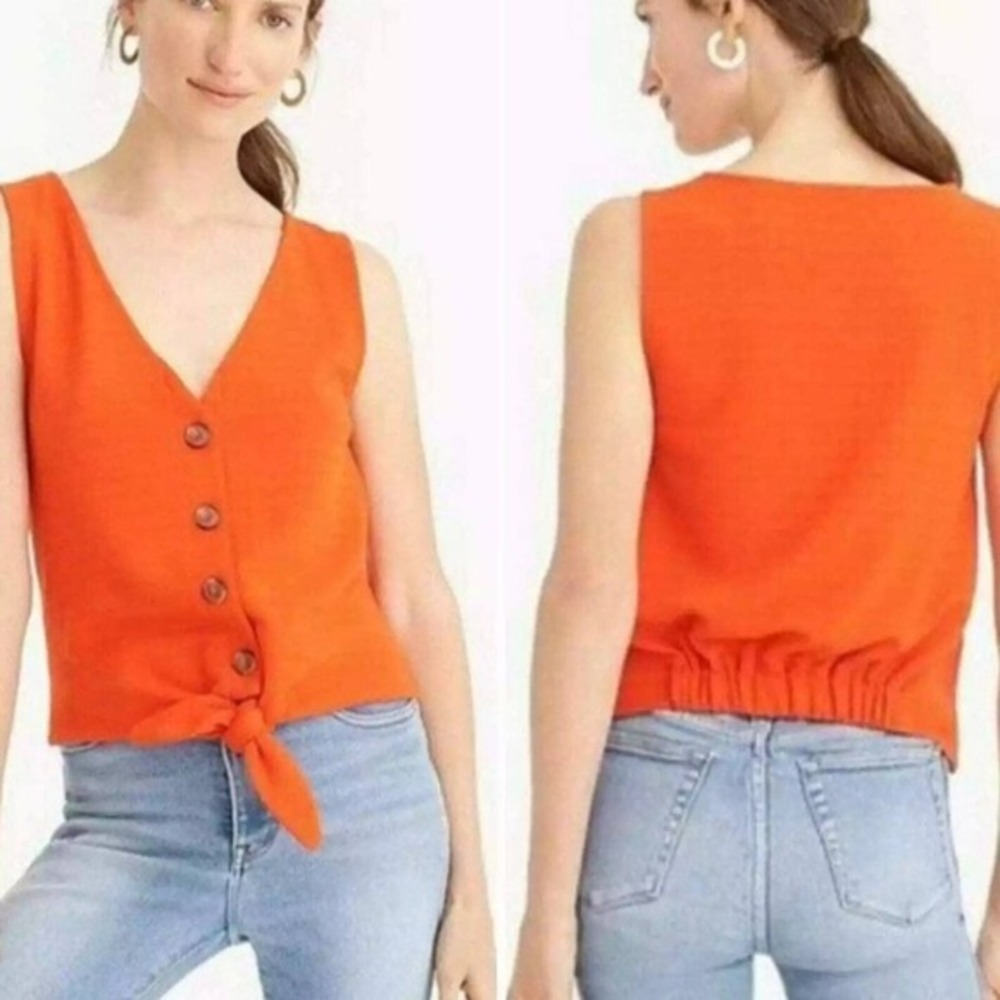 J.Crew Womens Orange Textured Ribbed Button Front Tie Hem Vest Top Size M